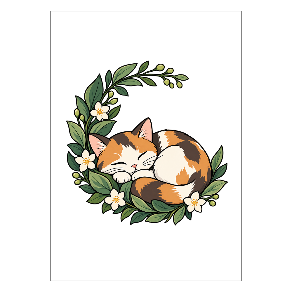 植物のゆりかごで眠る三毛猫