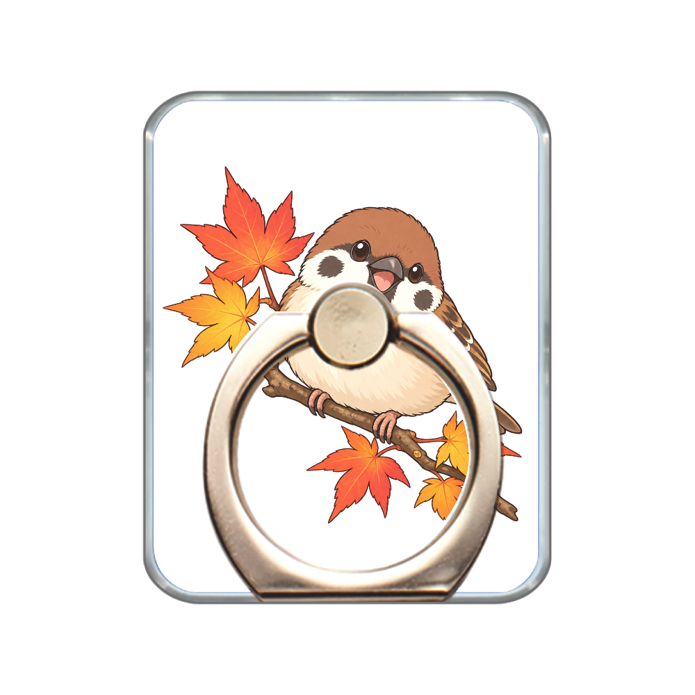 紅葉の枝でひと休みするスズメ