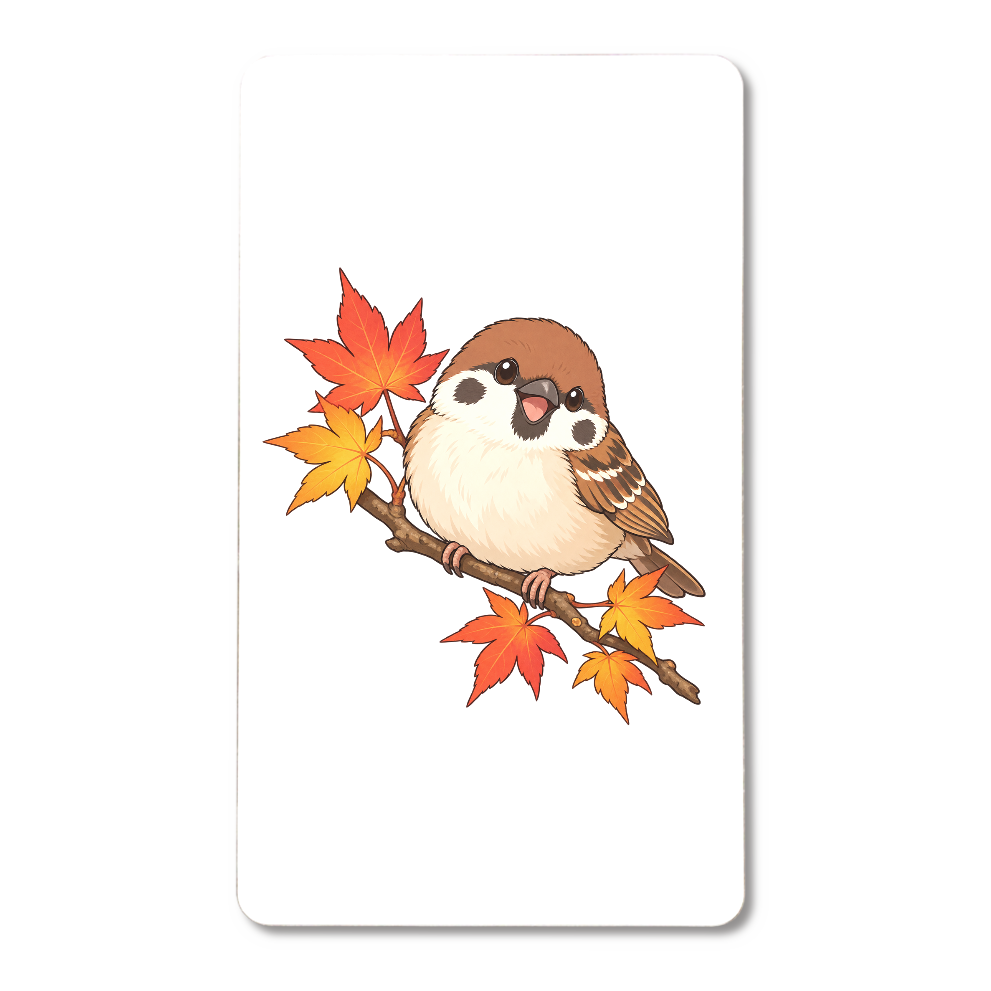 紅葉の枝でひと休みするスズメ