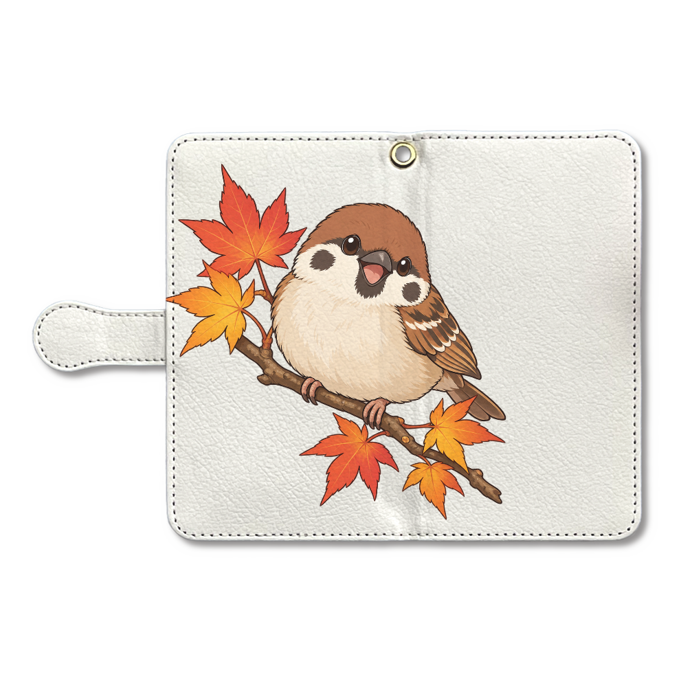 紅葉の枝でひと休みするスズメ