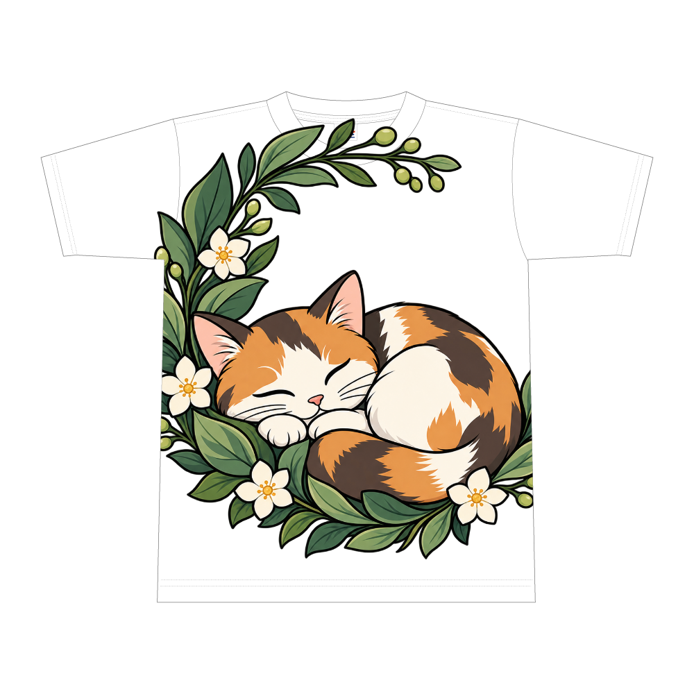 植物のゆりかごで眠る三毛猫