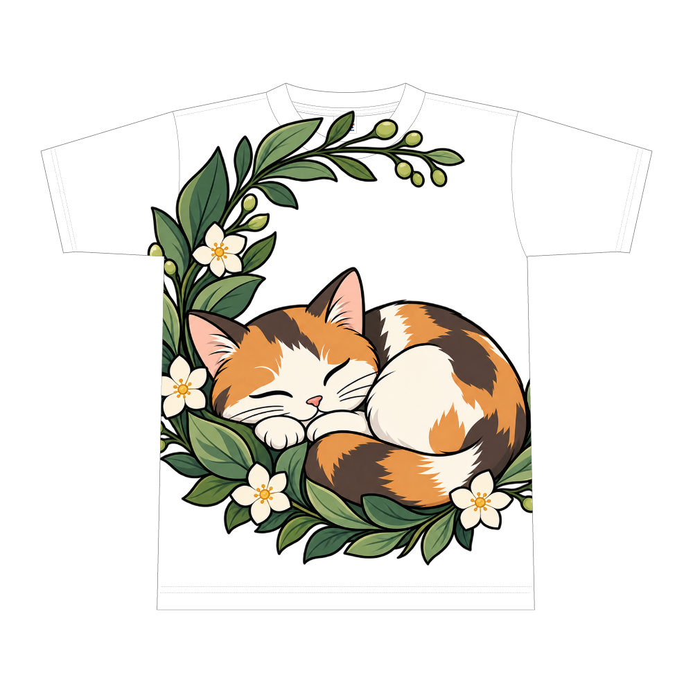 植物のゆりかごで眠る三毛猫