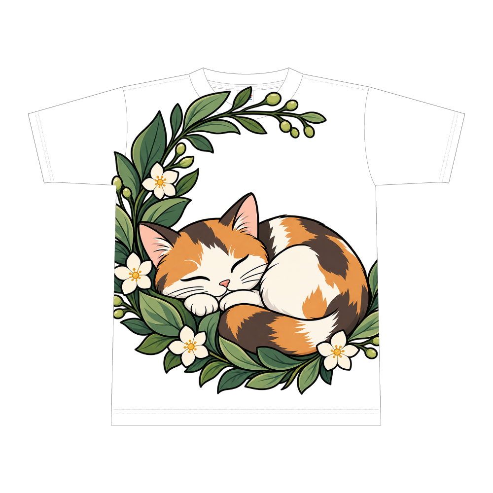 植物のゆりかごで眠る三毛猫
