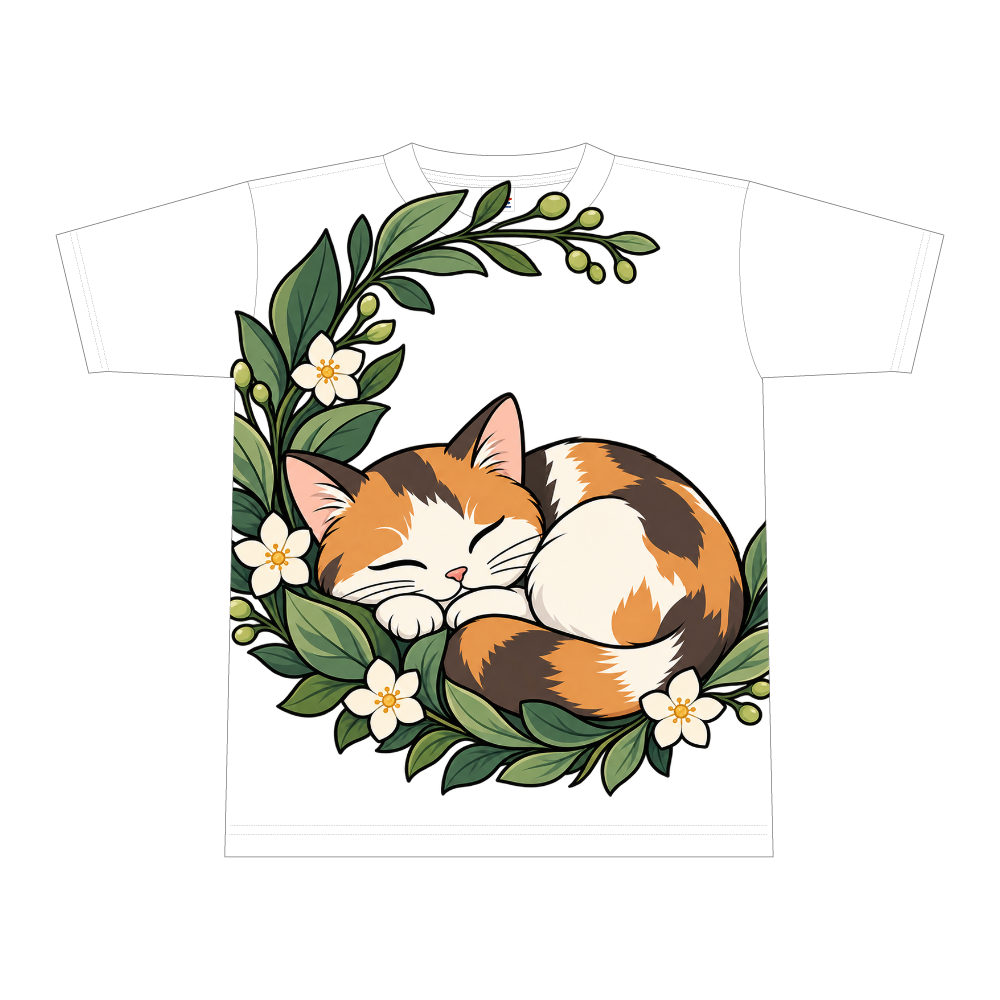 植物のゆりかごで眠る三毛猫