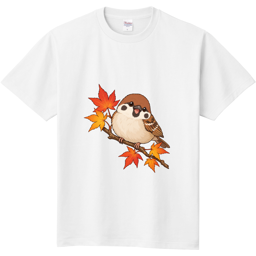 紅葉の枝でひと休みするスズメ