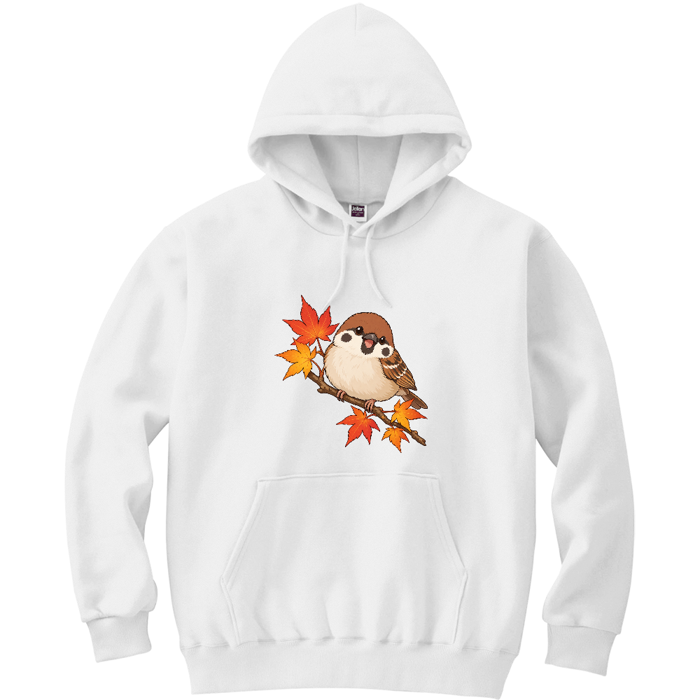 紅葉の枝でひと休みするスズメ