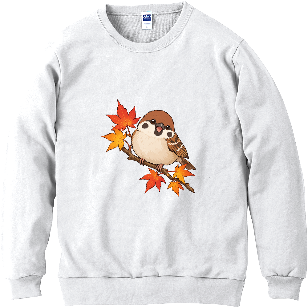 紅葉の枝でひと休みするスズメ
