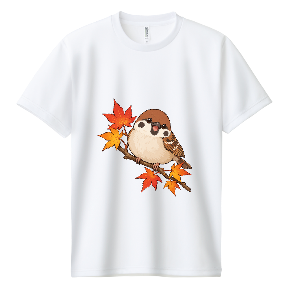 紅葉の枝でひと休みするスズメ