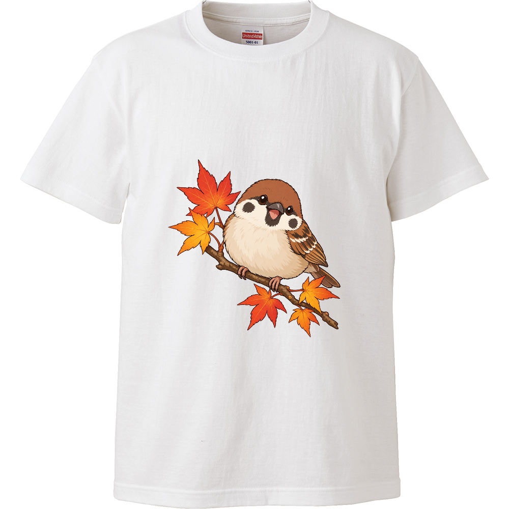 紅葉の枝でひと休みするスズメ