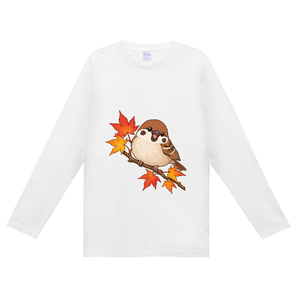 紅葉の枝でひと休みするスズメ