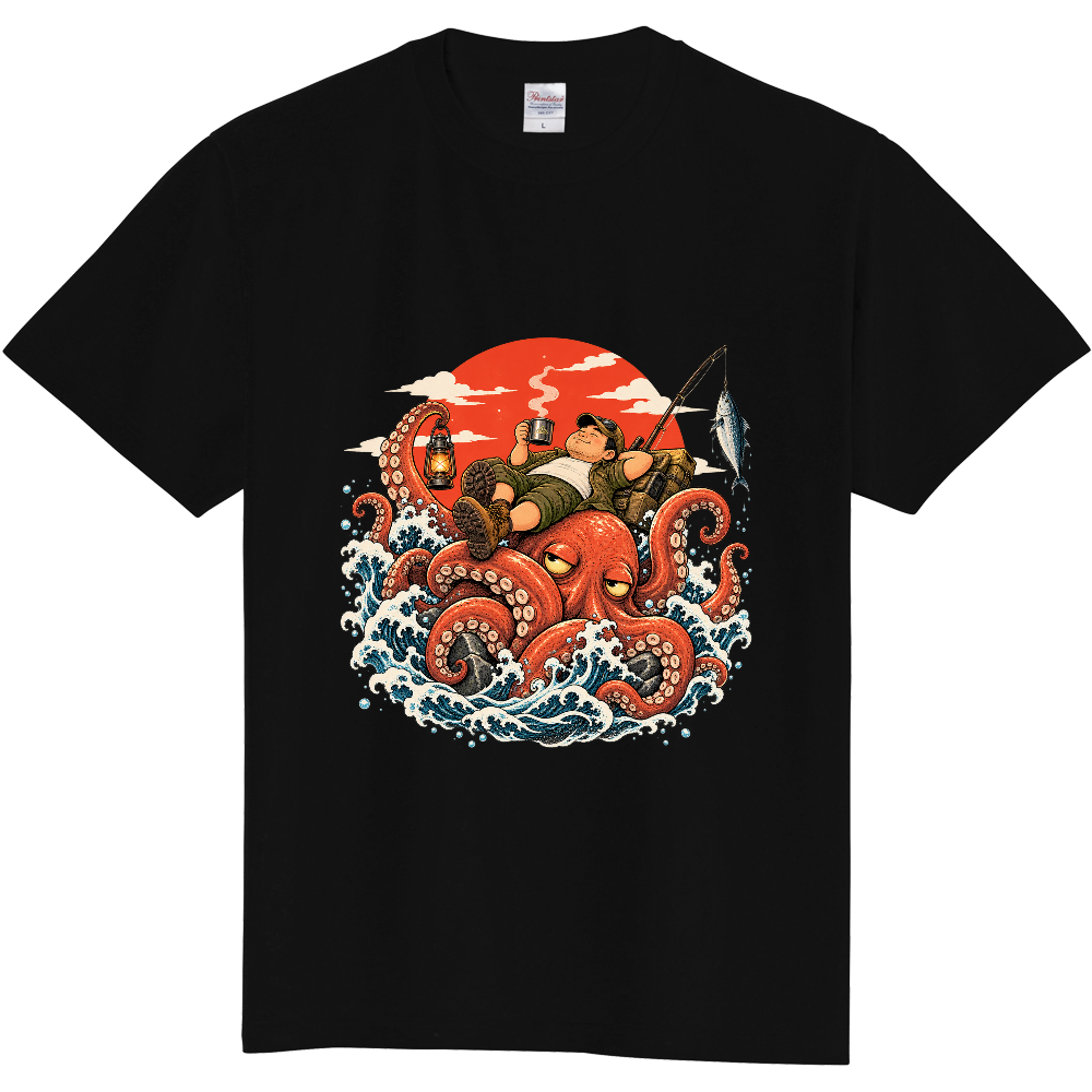 タコの上で休日|海と冒険のシュールなイラストTシャツ