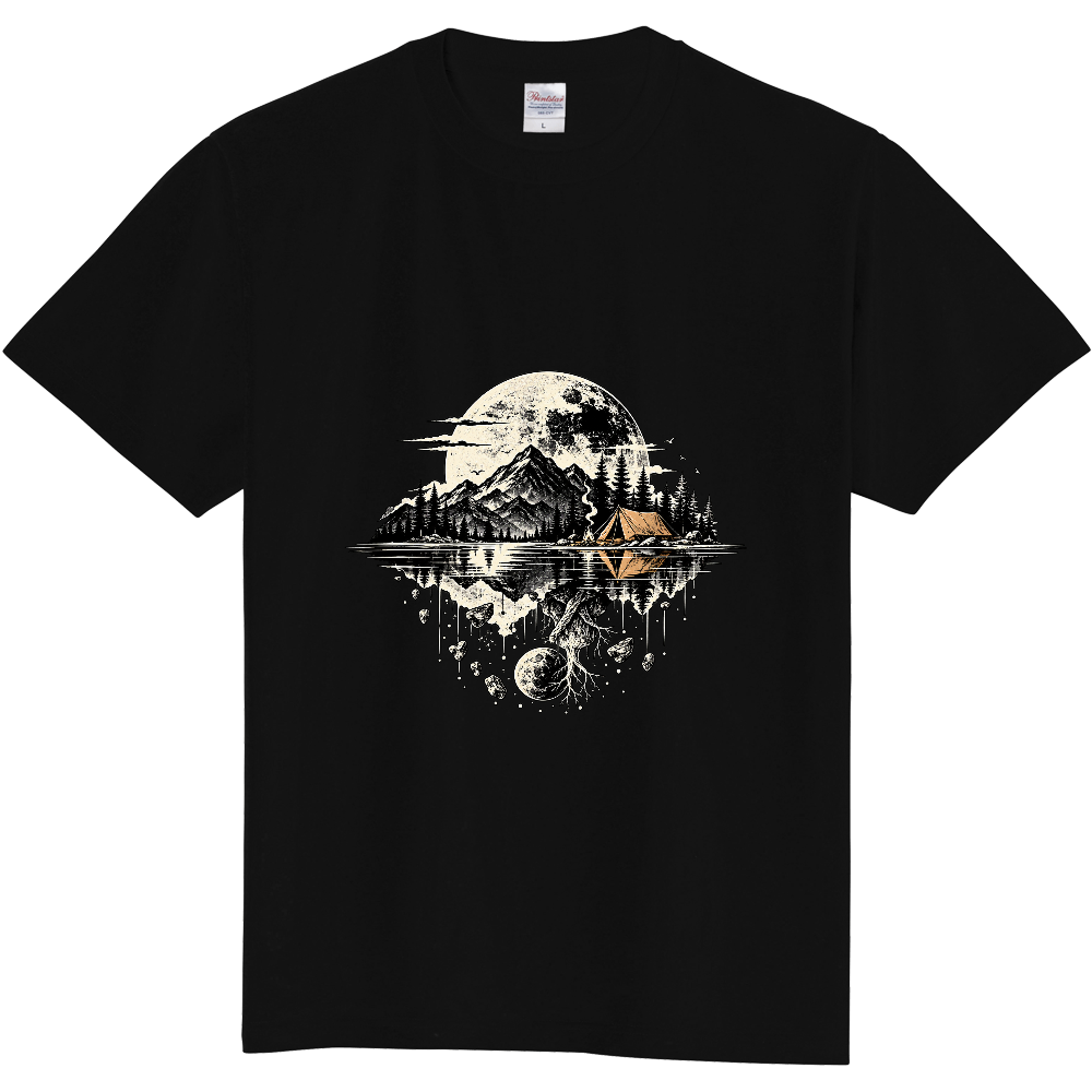 月夜の幻想キャンプ｜満月と山々が映る湖畔のアートTシャツ