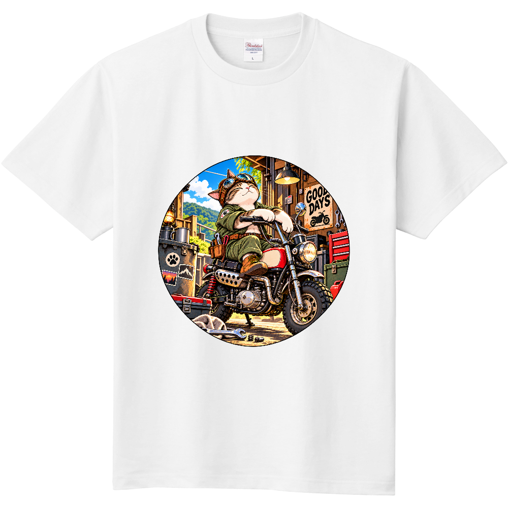 整備士猫のサンシャイン・ライド｜バイクと猫のガレージアートTシャツ
