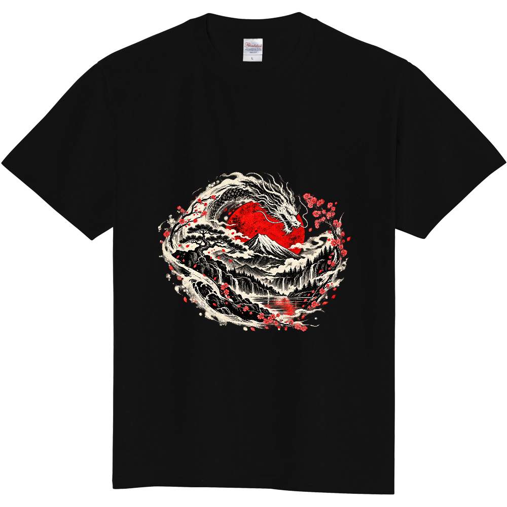 富士と白龍｜紅い太陽と桜の幻想的な和風アートTシャツ