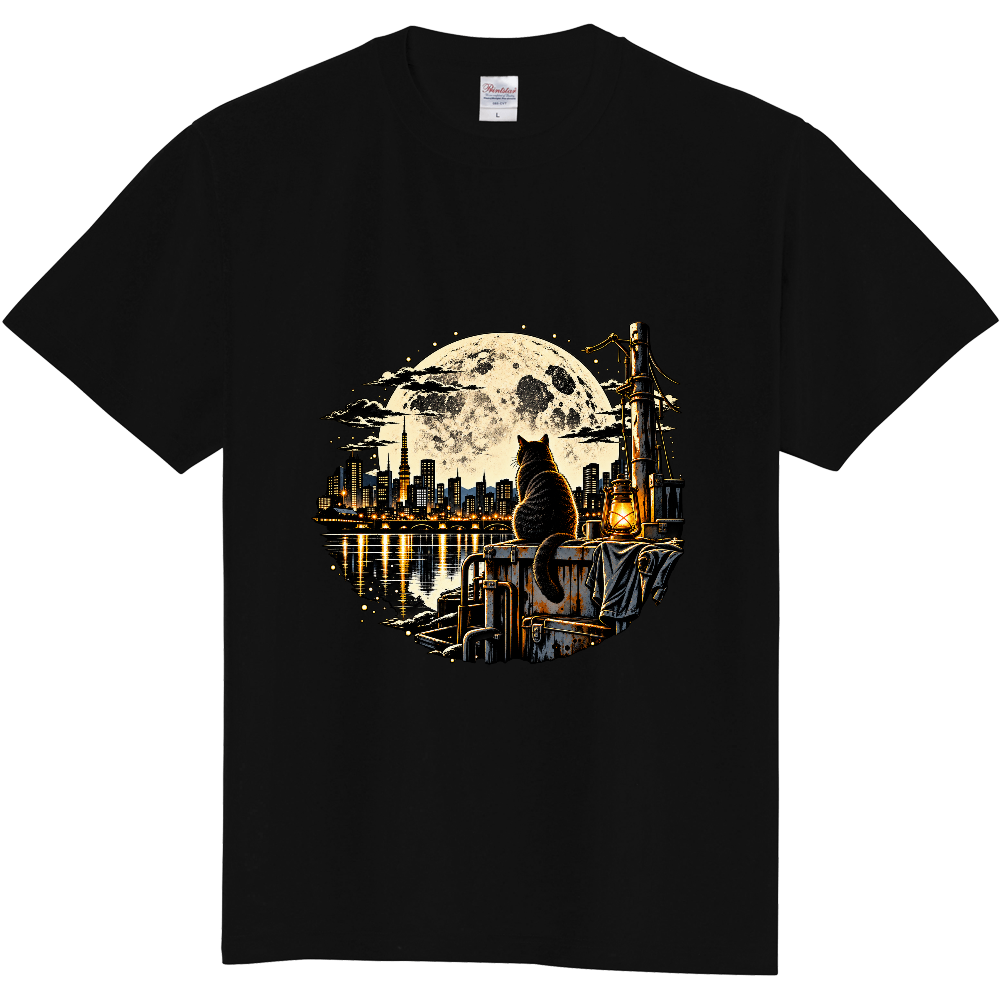 月夜の街を見つめる猫｜満月と東京の幻想的な夜景アートTシャツ