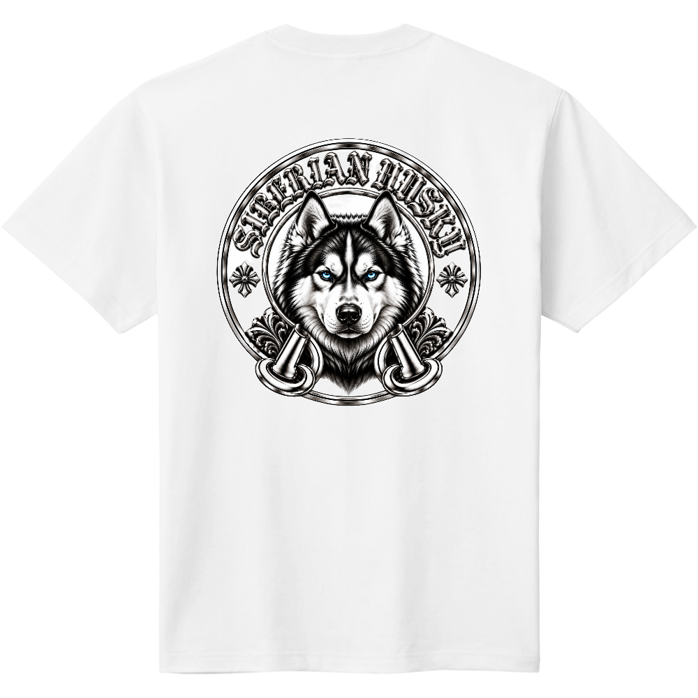 SIBERIAN HUSKY CHROME EMBLEM バックプリントTシャツ|シベリアンハスキー