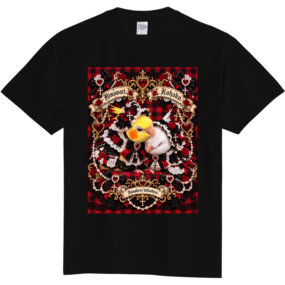 オカメインコの向日葵と琥珀姉弟ペア　ハロウィンゴシックTシャツ